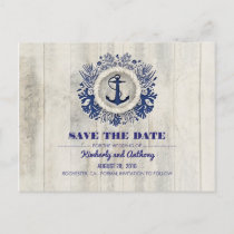 Rustic Driftwood Nautical Navy Beach Save the Date Announcement Postcard
