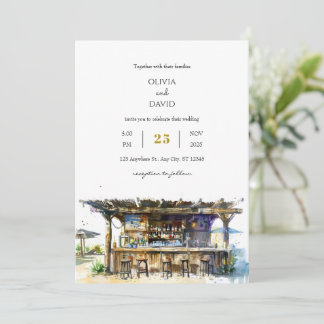 Rustic Driftwood Tropical Tiki Bar Beach Wedding Invitation