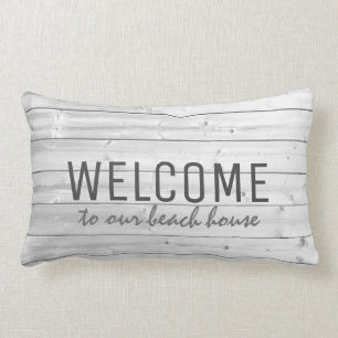 Rustic driftwood Welcome to our beach house Lumbar Pillow