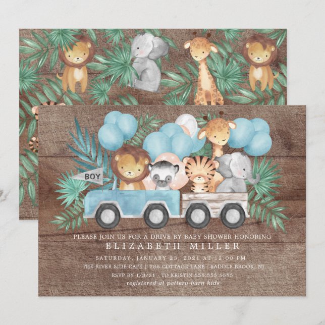 Rustic Drive By Jungle Animals Boys Baby Shower Invitation (Front/Back)