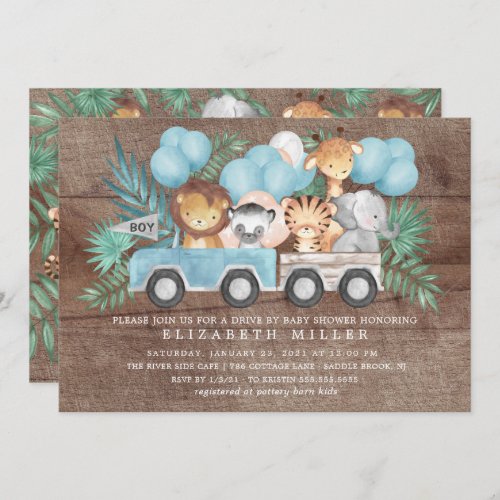 Rustic Drive By Jungle Animals Boys Baby Shower Invitation