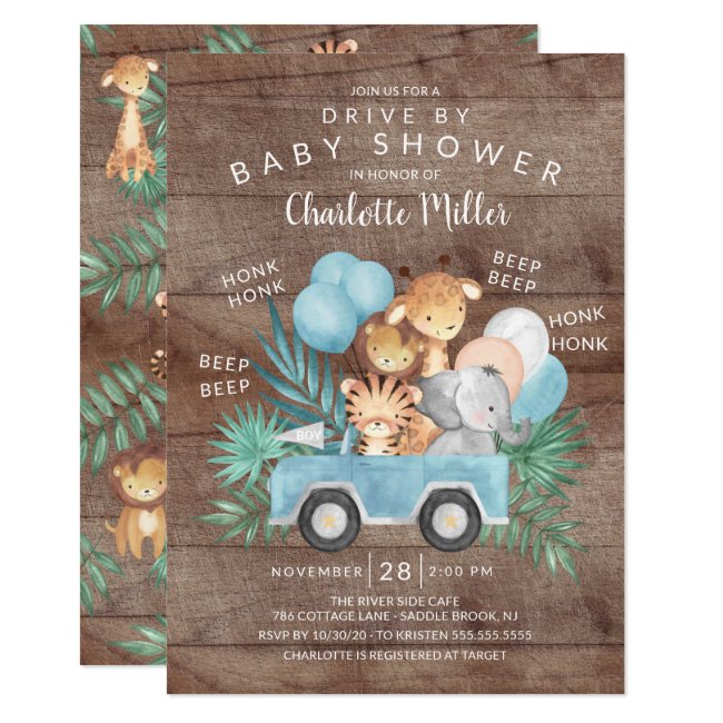 Rustic Drive By Jungle Animals Boys Baby Shower Invitation