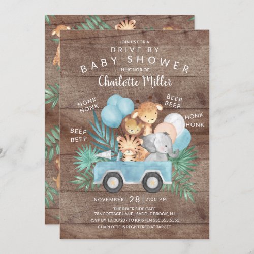 Rustic Drive By Jungle Animals Boys Baby Shower Invitation