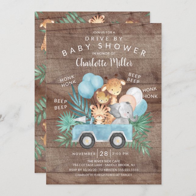 Rustic Drive By Jungle Animals Boys Baby Shower Invitation (Front/Back)