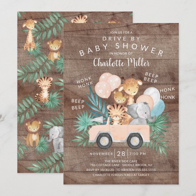 Rustic Drive By Jungle Animals Girls Baby Shower Invitation (Front/Back)
