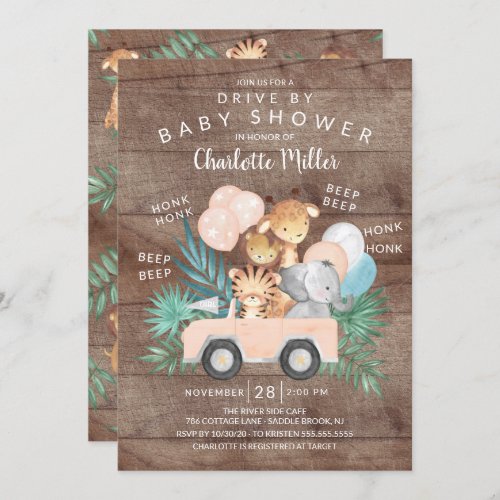 Rustic Drive By Jungle Animals Girls Baby Shower Invitation