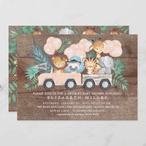 Rustic Drive By Jungle Animals Girls Baby Shower Invitation