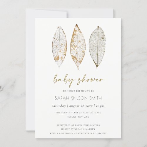 Rustic Dry Vein Gold Leaf Baby Shower Invite