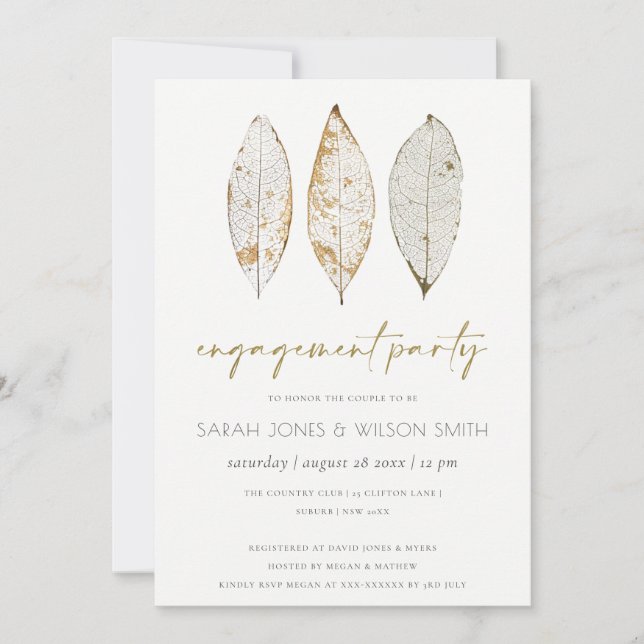 Rustic Dry Vein Gold Rust Leaves Engagement Invite (Front)