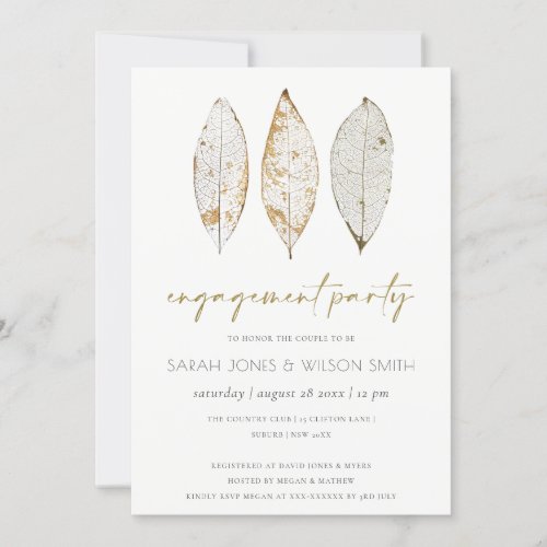 Rustic Dry Vein Gold Rust Leaves Engagement Invite
