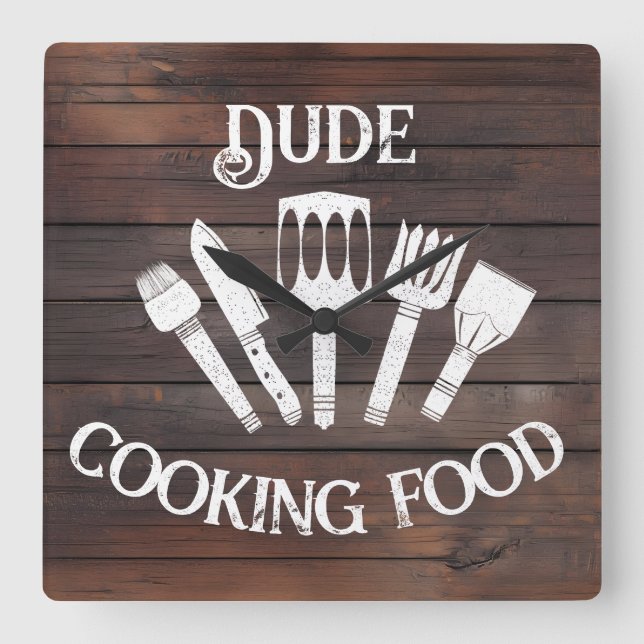 Rustic ‘Dude Cooking Food’ Wall Clock – Funny BBQ  (Front)