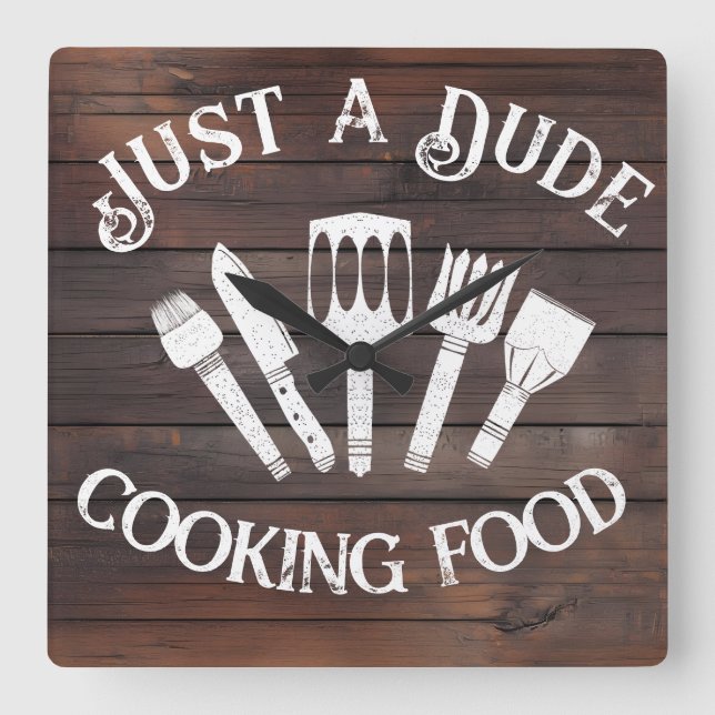 Rustic ‘Dude Cooking Food’ Wall Clock – Funny BBQ  (Front)
