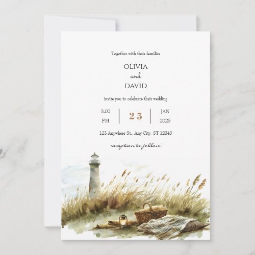 Rustic Dune Picnic and Lighthouse Beach Wedding  Invitation