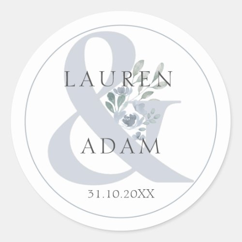 Rustic Dusty Blue Ampersand  Floral Wedding  Classic Round Sticker