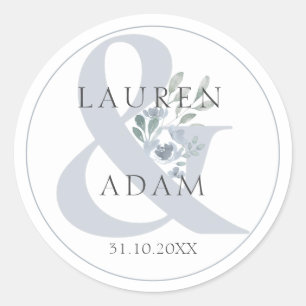 Rustic Dusty Blue Ampersand & Floral Wedding Classic Round Sticker