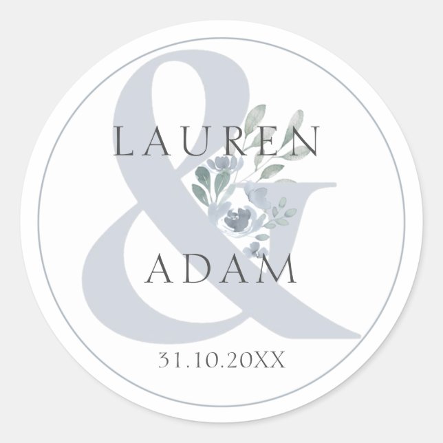 Rustic Dusty Blue Ampersand & Floral Wedding  Classic Round Sticker (Front)