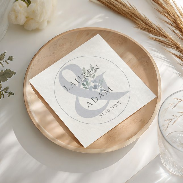 Rustic Dusty Blue Ampersand & Floral Wedding  Napkins (Creator Uploaded)