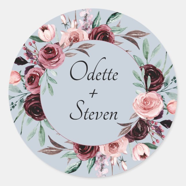 Rustic Dusty Blue and Burgundy Blooms Wedding Classic Round Sticker (Front)