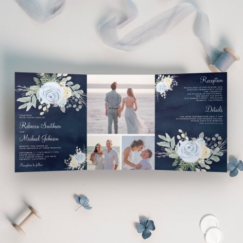 Rustic Dusty Blue and Ivory Floral Navy Wedding Tri_Fold Invitation