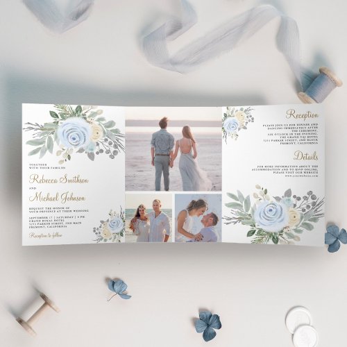 Rustic Dusty Blue and Ivory Floral Wedding Tri_Fold Invitation