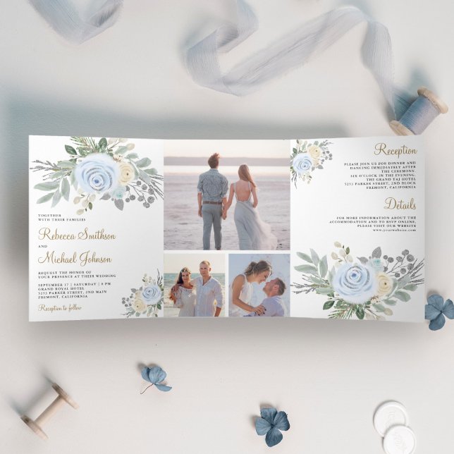 Rustic Dusty Blue and Ivory Floral Wedding Tri-Fold Invitation (Creator Uploaded)