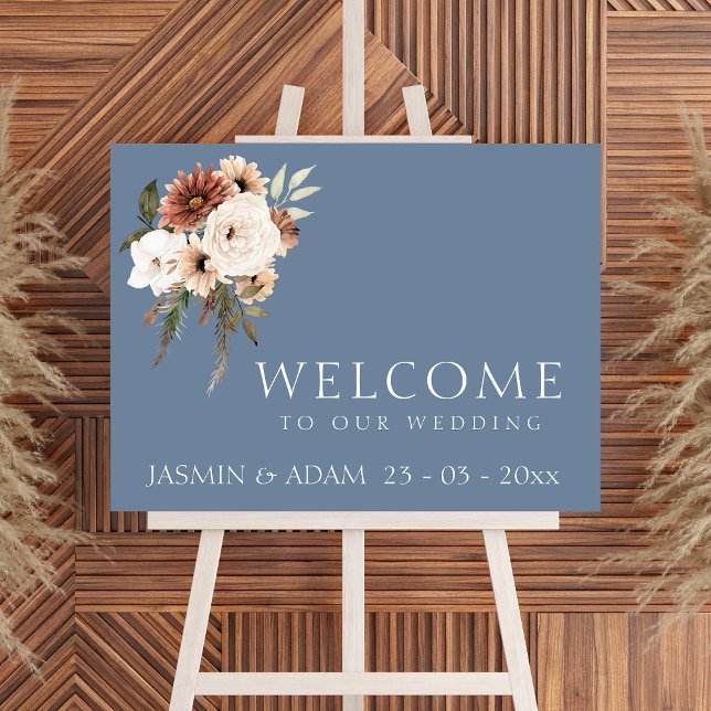 Rustic Dusty Blue and Rust Floral Wedding Welcome  Poster (Elegant Dusty Blue Peach Floral Wedding Sign)