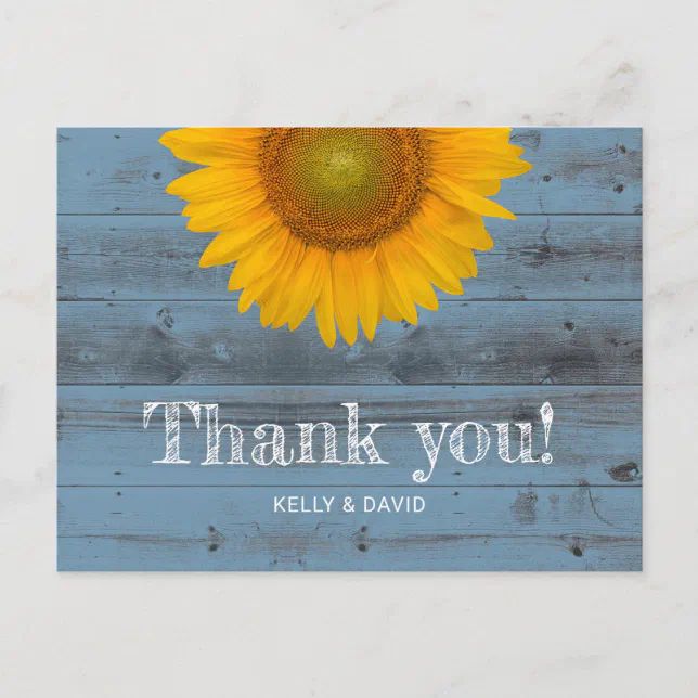 Rustic Dusty Blue Barn Wood Sunflower Thank You Postcard | Zazzle