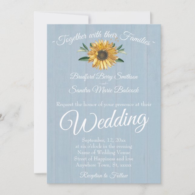 Rustic Dusty Blue Barn Wood, Sunflower Wedding Inv Invitation (Front)