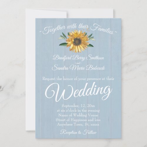 Rustic Dusty Blue Barn Wood Sunflower Wedding Inv Invitation
