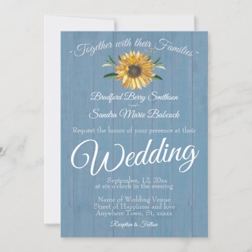 Rustic Dusty Blue Barn Wood Sunflower Wedding Invitation