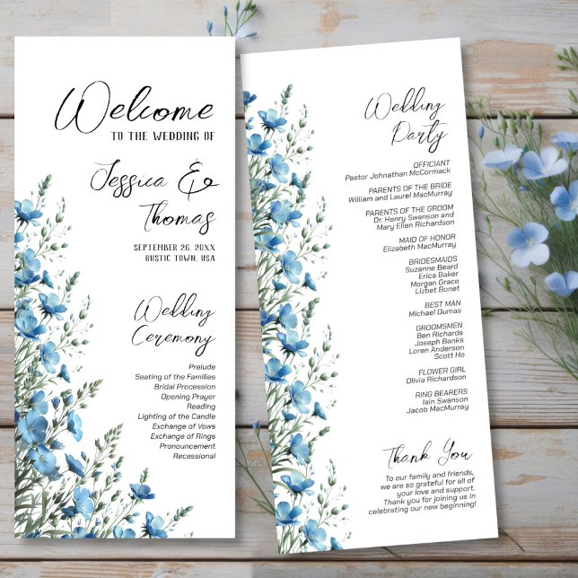 Rustic Dusty Blue Boho Chic Wildflowers Wedding Program (Front/Back)