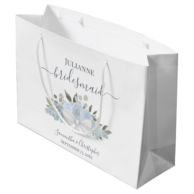 Rustic Dusty Blue Boho Floral Wedding Bridesmaid Large Gift Bag (Back Angled)