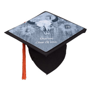 Rustic Dusty Blue Boho Sunflowers Bull Skull Graduation Cap Topper