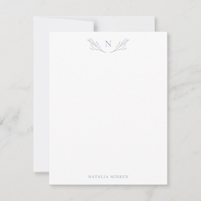 Rustic Dusty Blue Botanical Branches Monogram Note Card (Front)