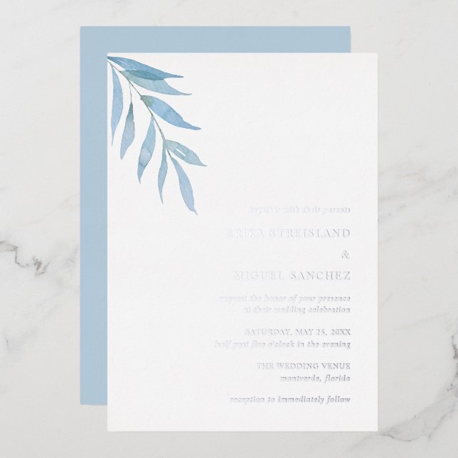 Rustic Dusty Blue Botanical Elegant Wedding Foil Invitation (Front/Back)