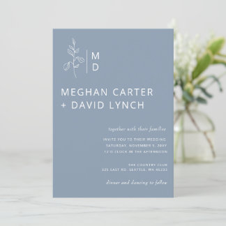 Rustic Dusty Blue Botanical Monogram Wedding Invitation