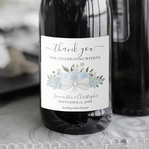 Rustic Dusty Blue Bouquet Boho Wedding Thank You Sparkling Wine Label