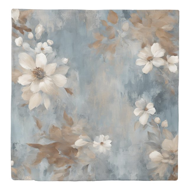 Rustic Dusty Blue Brown Cream Farmhouse Floral Duvet Cover (Front)
