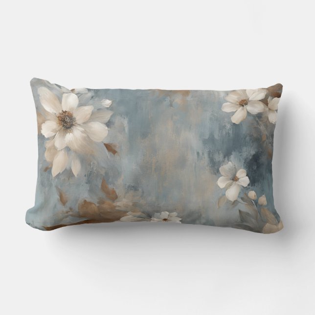 Rustic Dusty Blue Brown Cream Farmhouse Floral Lumbar Pillow (Front)