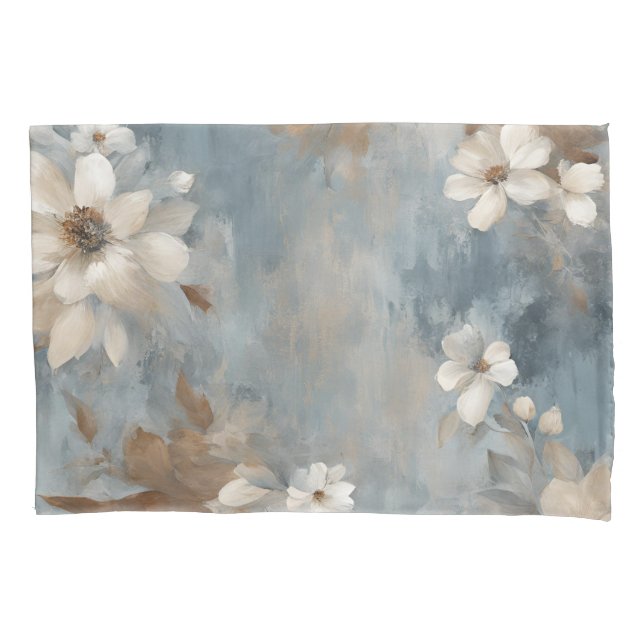 Rustic Dusty Blue Brown Cream Farmhouse Floral Pillow Case (Front)
