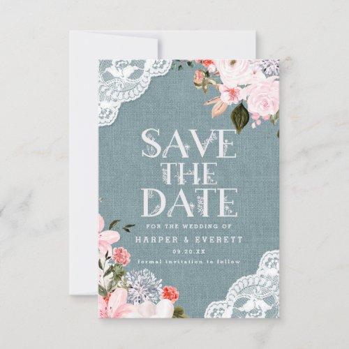 Rustic Dusty Blue Burlap Lace and Floral Wedding Save The Date