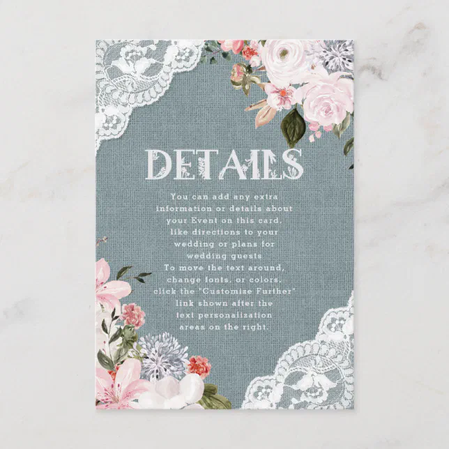 Rustic Dusty Blue Burlap & Lace Wedding Details Enclosure Card | Zazzle