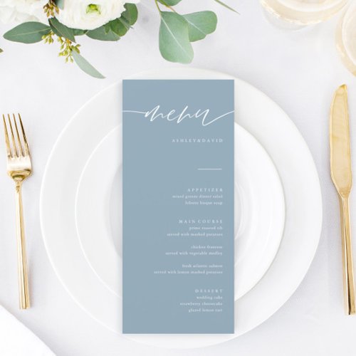 Rustic Dusty Blue Calligraphy Wedding Menu Cards