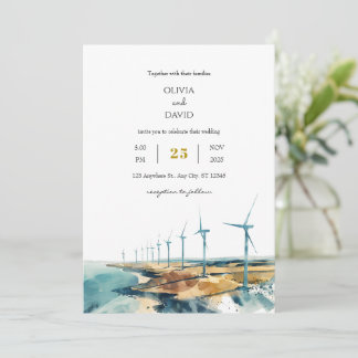 Rustic Dusty Blue Coastal Windmill Beachy Wedding Invitation