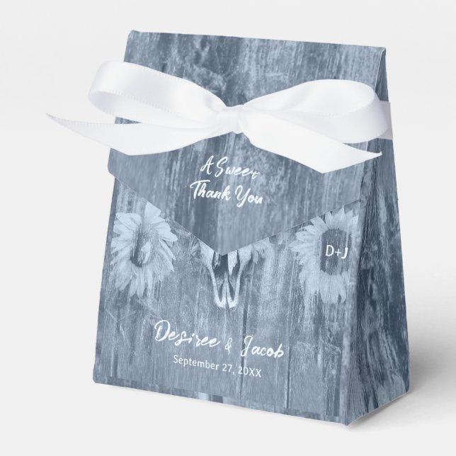 Rustic Dusty Blue Country Sunflowers Bull Skull Favor Boxes (Front Side)