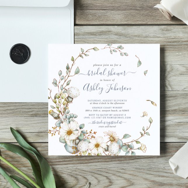 Rustic Dusty Blue Cream Floral Bridal Shower Invitation (Blooming love: Celebrate our bride-to-be in a wildflower wonder.)