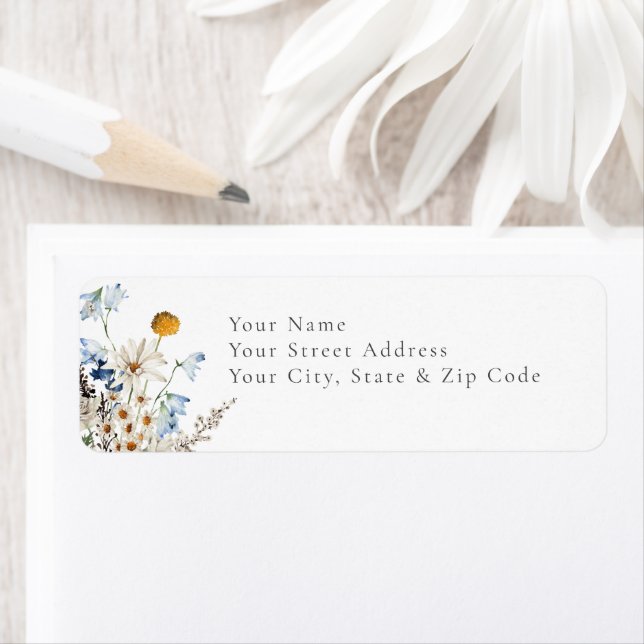 Rustic Dusty Blue Daisies & Wildflowers Shower Label (Insitu)