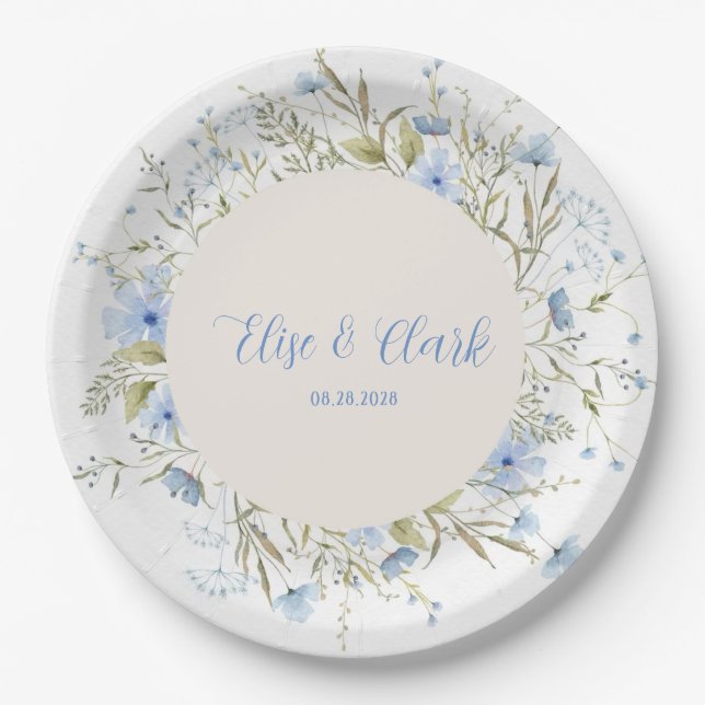 Rustic Dusty Blue Delicate Wildflower Wedding Paper Plates (Front)