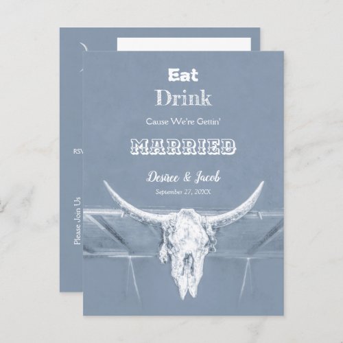Rustic Dusty Blue Eat Drink Married Bull Skull Announcement Postcard