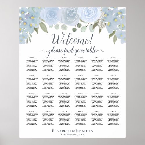 Rustic Dusty Blue Floral 24 Table Seating Chart